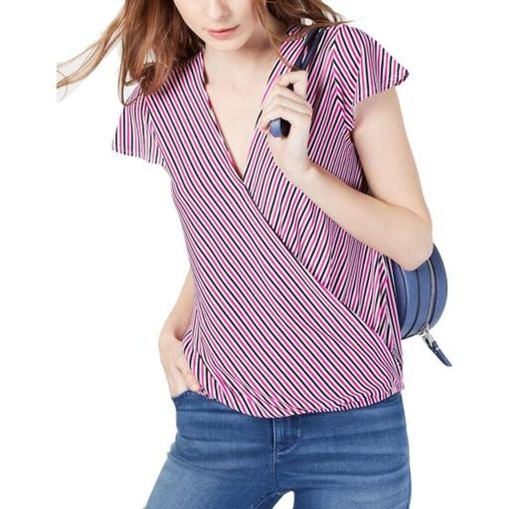 INC Striped Cap-Sleeve Wrap Shirt Black White Pink